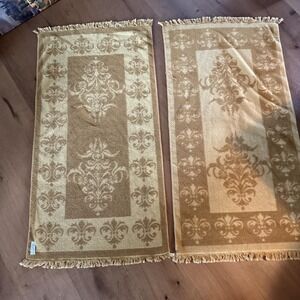 Vintage SET OF 2 Fieldcrest Bath Towels Mustard Damask Cotton Fringe Made In USA